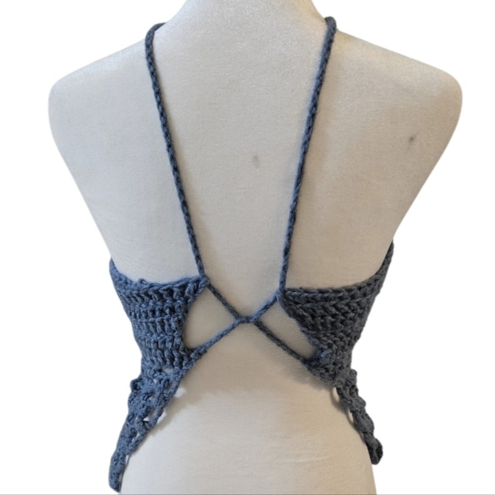 Handmade 4 ways Crochet Summer Top One-of-a-kind Blue Fishnet Bikini Crop-Top - Picture 16 of 17